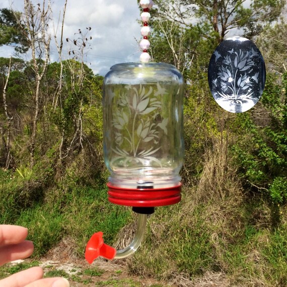 Hummingbird Feeder Flower Design Etched Glass Hanging Mason Etsy