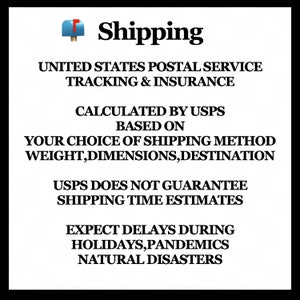 May include: A white background with the word "Shipping" in bold black letters. Below, text details United States Postal Service tracking, insurance, and shipping calculations based on weight, dimensions, and destination. Delays may occur.