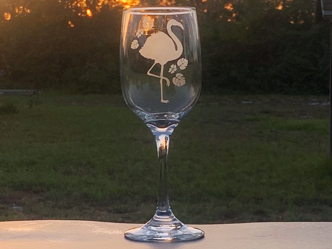 FLAMINGO GIFT Flamingo Wine Glass Etched Glass Stemmed Wine Etsy