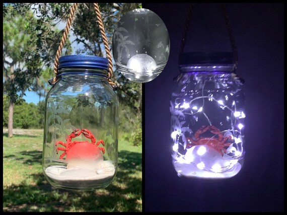 CRAB GIFT Solar Light Etched Glass Hanging Jar Lantern Nautical