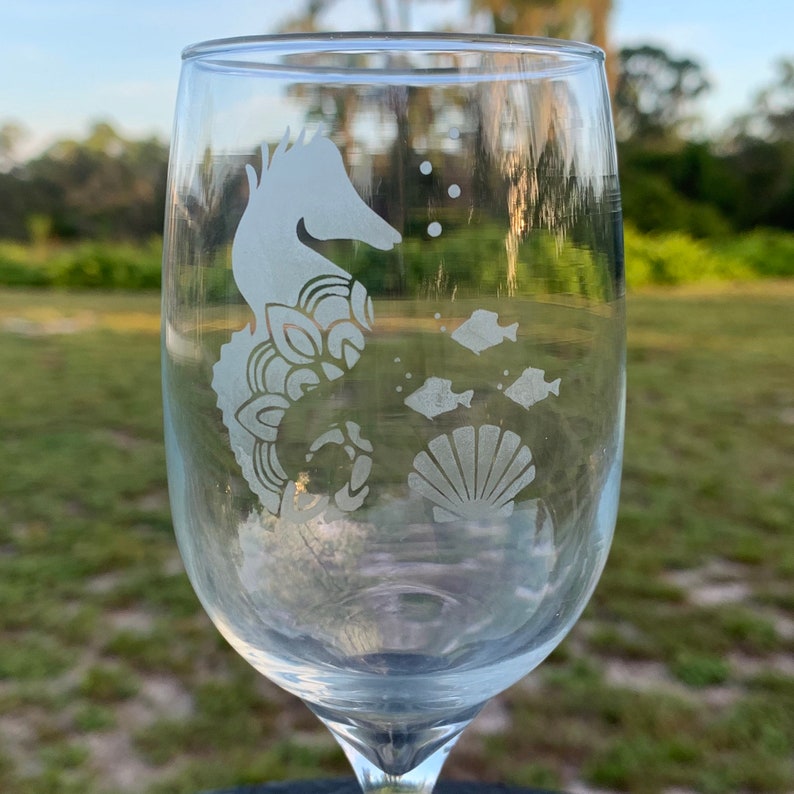 SEAHORSE GIFT Stemmed Wine Glass With Etched Glass Design Etsy