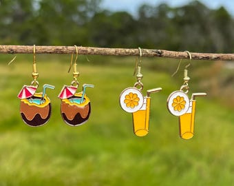 Coconut Cocktail Glass Earrings, Lemonade Earrings, Fun Summer Drink Earrings, Tropical Island Cocktail Drink Earrings