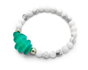 Howlite Gemstones with Green Sea Glass Bracelet and 14K Gold Fill Accents.