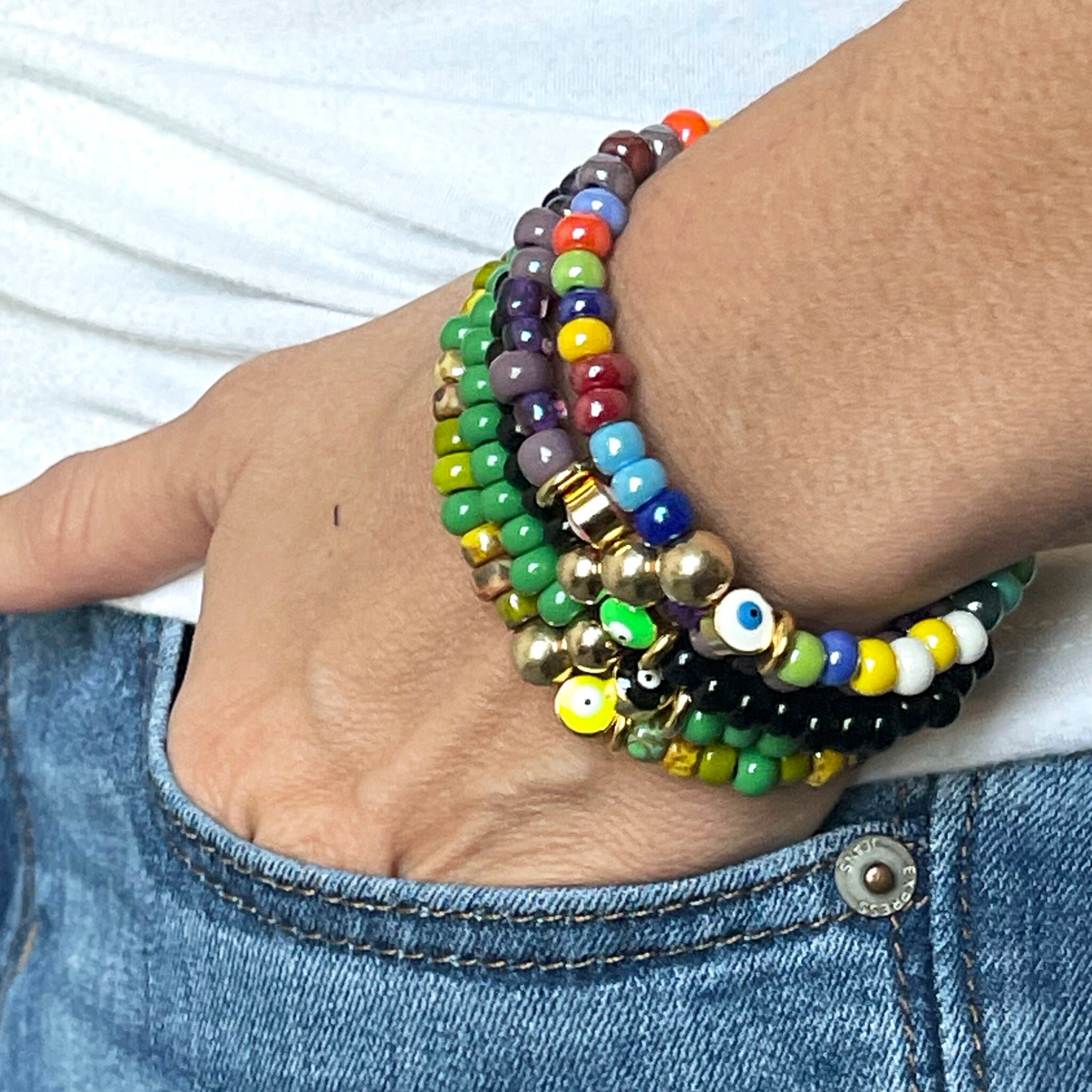 Evil Eye Black With Green Bracelet. Glossy Black Glass Beads 