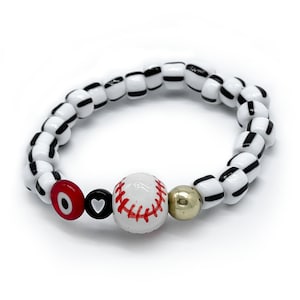Eye Love Baseball Bracelet. White & Black Pinstripe Glass Seed Beads with 14k Gold Fill Bead, and Handmade Ceramic Baseball Accent.