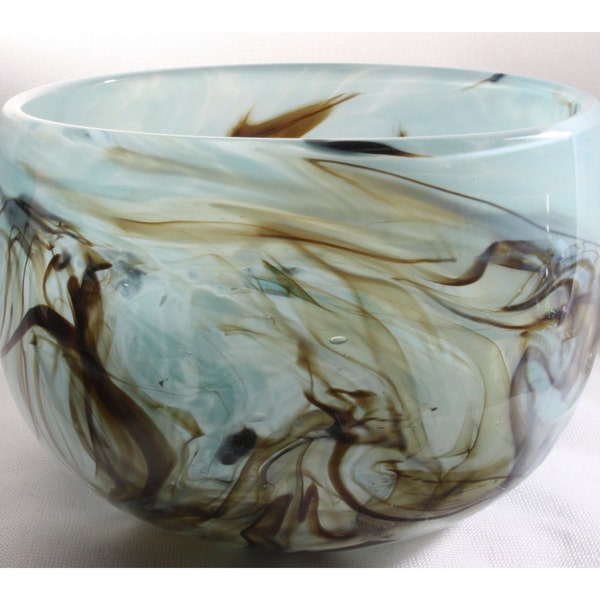 Opaque Light Blue Bowl with Brown Swirls, Hand Blown Glass Bowl - Free Shipping