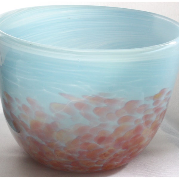 Opaque Light Blue Bowl with Red Bottom Colored with Frit, Hand Blown Glass Bowl - Free Shipping