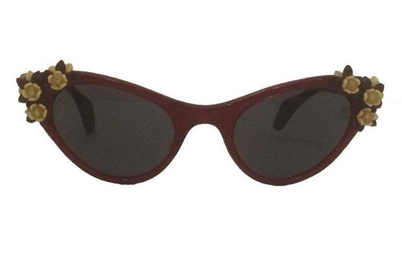 Schiaparelli Vintage 50s Red Cat Eye Floral Sungla