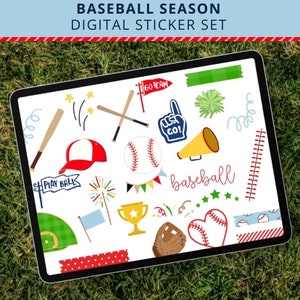May include: Digital sticker set with baseball-themed graphics. Includes a baseball, bats, a cap, a glove, a trophy, and text that says "Baseball Season" and "Go Team". The stickers are displayed on a tablet.
