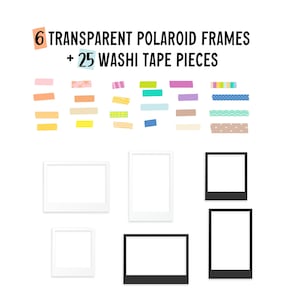 May include: A selection of craft supplies featuring six transparent Polaroid frames and 25 washi tape pieces. The washi tape pieces are in various colours and patterns. The Polaroid frames are white and black.