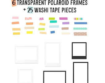 Könnte beinhalten: Eine Sammlung von Bastelmaterialien, darunter sechs transparente Polaroid-Rahmen und 25 Washi-Tape-Stücke. Die Washi-Tape-Stücke sind in verschiedenen Farben und Mustern gehalten. Die Polaroid-Rahmen sind weiß und schwarz.