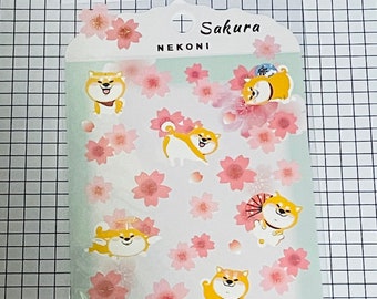 Dog with Sakura stickers, Dog stickers, Flower decoration sticker sheet, Sakura sticker, Pink sticker, Stationery supplies - 1 sheet - 50424