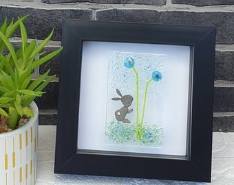 Stunning Forget me not Flower Fused Glass Framed Artwork, with Pebble Art Rabbit detail