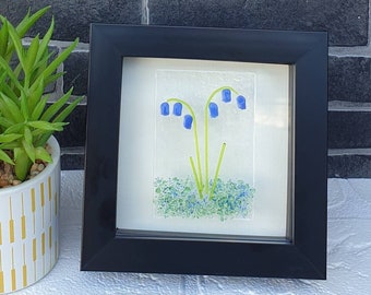 Stunning Bluebell Fused Glass Framed Artwork, Spring flower meadow