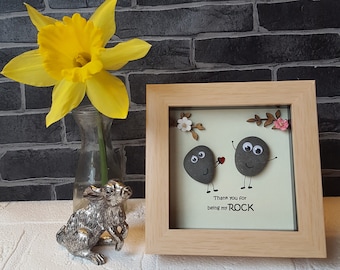 Handmade Pebble Art in beige Frame "Thank you for being my rock" Cute Couple Gift