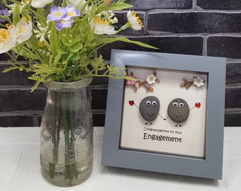 Handmade Pebble Art Engaged Gift in Grey Frame &quot;Congratulations on your engagement&quot; Cute Couple Gift