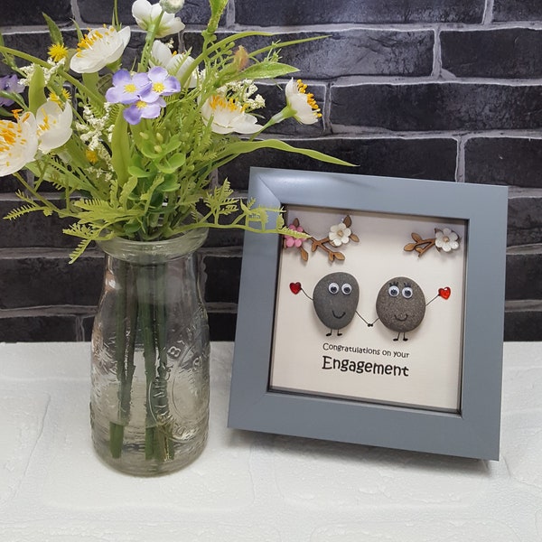 Handmade Pebble Art Engaged Gift in Grey Frame "Congratulations on your engagement" Cute Couple Gift