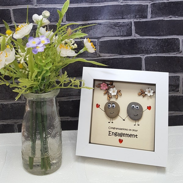 Handmade Pebble Art Engaged Gift in White Frame "Congratulations on your engagement" Cute Couple Gift