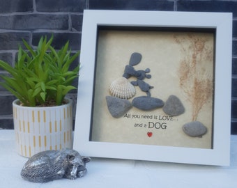 Beautiful "All you need is love, and a dog" pebble art, lady with her pet natural rocks