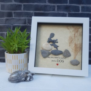 Beautiful &quot;All you need is love, and a dog&quot; pebble art, lady with her pet natural rocks