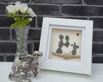 Stunning Handmade Pebble Art Picture in Wooden White Frame, Showing a Loving Couple with Pet Dog, Unique Piece, Anniversary Gift