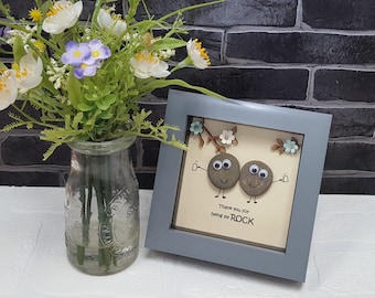 Handmade Pebble Art in grey Frame "Thank you for being my rock" Cute Couple Gift