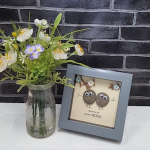Handmade Pebble Art in grey Frame "Thank you for being my rock" Cute Couple Gift