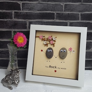 Quirky &quot;You ROCK my WORLD&quot; Pebble Art in White Frame with blossom tree