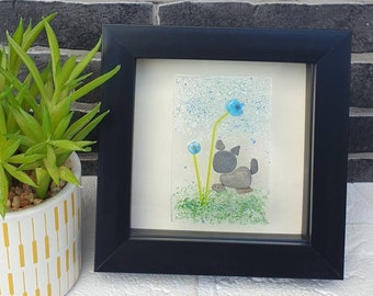 Stunning Forget me not Flower Fused Glass Framed Artwork, with Pebble Art Cat detail