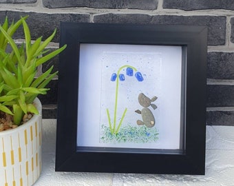 Beautiful Bluebell Flower Fused Glass Framed Artwork, with Pebble Art Bunny detail