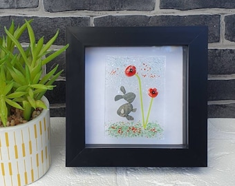 Beautiful Poppy Flower Glass Framed Artwork, with Pebble Art Rabbit detail