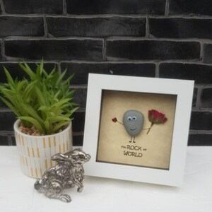 Handmade Pebble Art in White Frame, &quot;You ROCK my WORLD&quot; Valentines Love Gift
