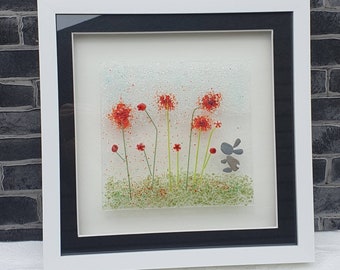 Stunning Glass Fused Poppy Flowers Artwork, Poppies Framed with pebble art rabbit or hare detail