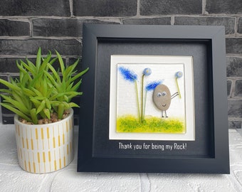 Pebble art Thank you for being my Rock gift with blue fused glass flower meadow