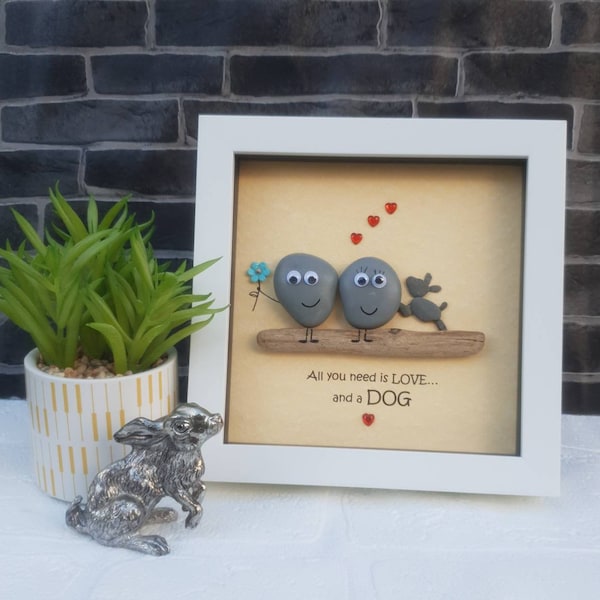 Handmade Pebble Art in White Frame, "All you need is LOVE, and a dog" Dog Family Gift