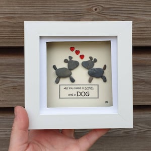 Handmade Pebble Art in White Frame, Showing two Playful Puppy Dogs Lovingly Playing, &quot;All you need is LOVE and a DOG&quot; Ideal Gift