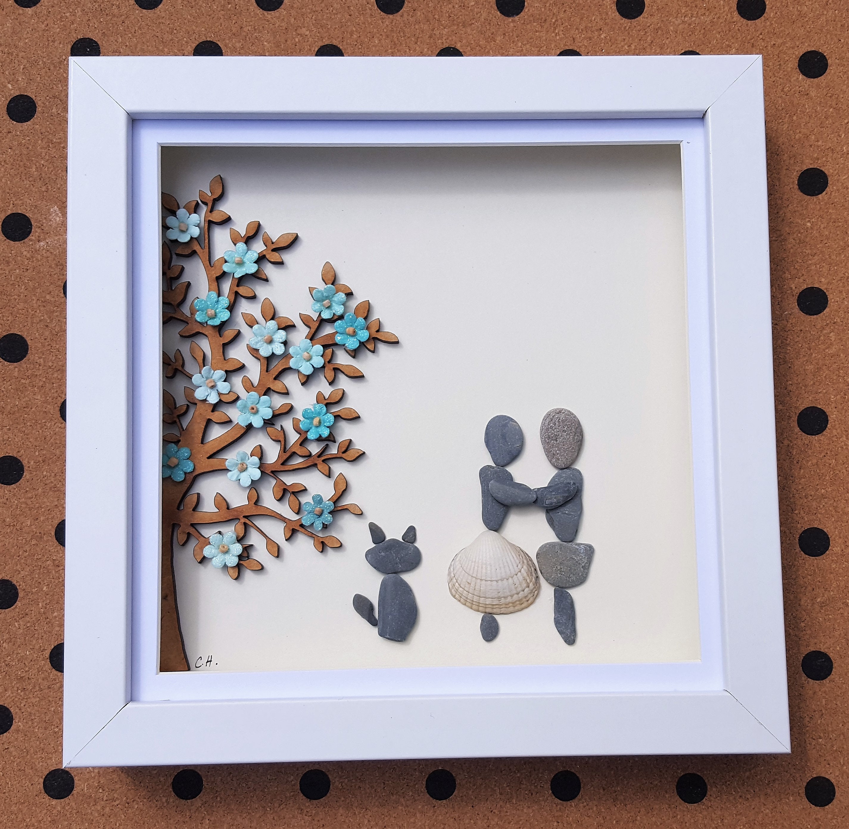 Handmade Pebble Art Picture in Wooden White Frame Showing a Etsy