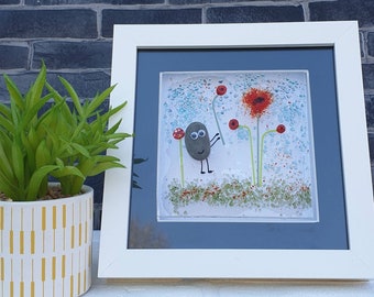 Stunning Glass Fused Poppy meadow Framed Artwork, with Pebble Art person detail