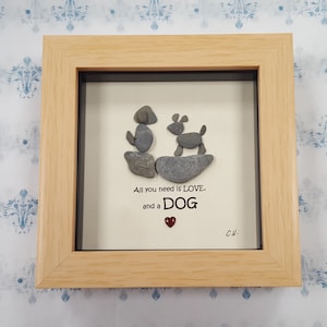 Handmade Pebble Art in Light Wood Colour Frame, Two playful dogs or puppies, &quot;All you need is love, and a dog&quot; Ideal Gift