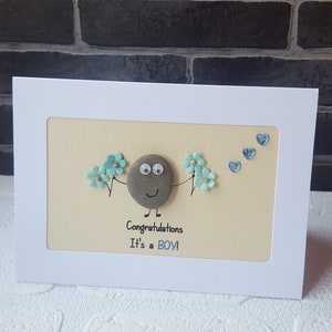 Schöne 3D "Herzlichen Glückwunsch. Es ist ein BOY!" Karte mit echten 3D Kieselsteine gemacht. Schrulligen und Spaß, Kiesel Kunst, Kieselsteine, neue Baby blau