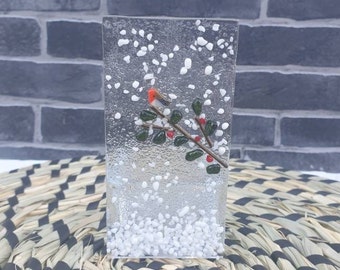 Glass Fused Christmas Robin Tea light holder, with Holly branch and snow detail