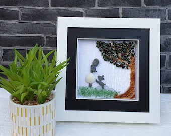 Pebble art Lady with pet Dog standing by a Fused Glass Apple Tree, Framed Artwork