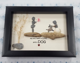 Handmade Pebble Art in Black Frame, &quot;All you need is LOVE, and a DOG&quot; Family Gift