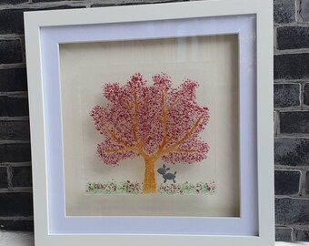 Stunning Glass Fused Pink Blossom Tree Artwork, Framed with pebble art dog detail