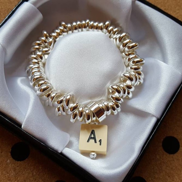 Gorgeous Handmade Initial Silver Plated Elasticated Charm Bracelet, made using a travel scrabble tile