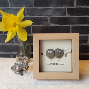 Handmade Pebble Art in Beige Frame &quot;You ROCK my world!&quot; Cute Gift