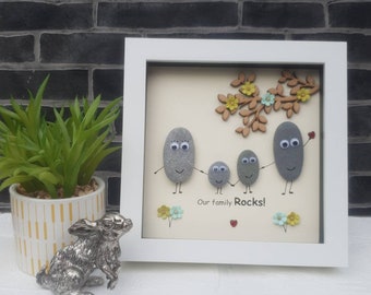 Quirky Family of 4 "Our family rocks" Pebble Art in white Frame, Family of four