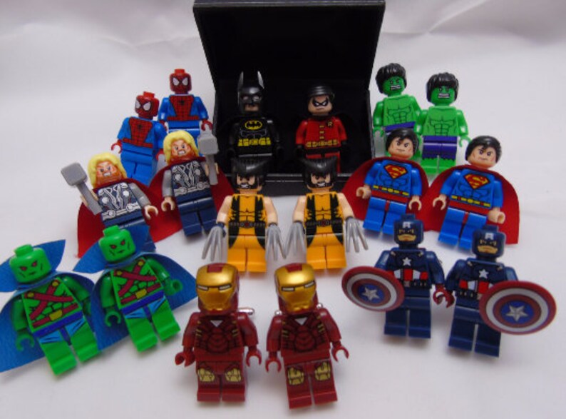 HAND MADE SUPERMAN BATMAN LEGO CUFFLINKS BEAUTIFUL JEWELRY BOX WEDDING BESTMAN