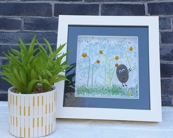 Stunning Sunflower Fused Glass Framed Artwork, with Pebble Art person detail