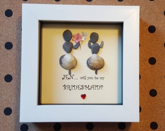 Handmade Pebble Art, Bridesmaid Proposal Gift in White Frame